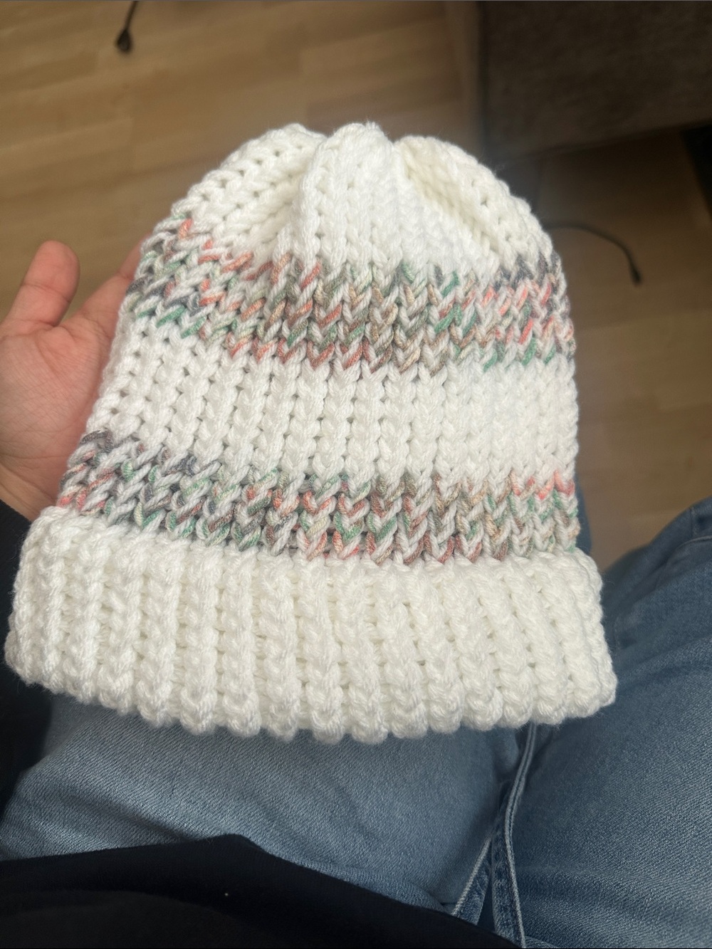 Cozy White Knit Beanie with Multicolor Accent
